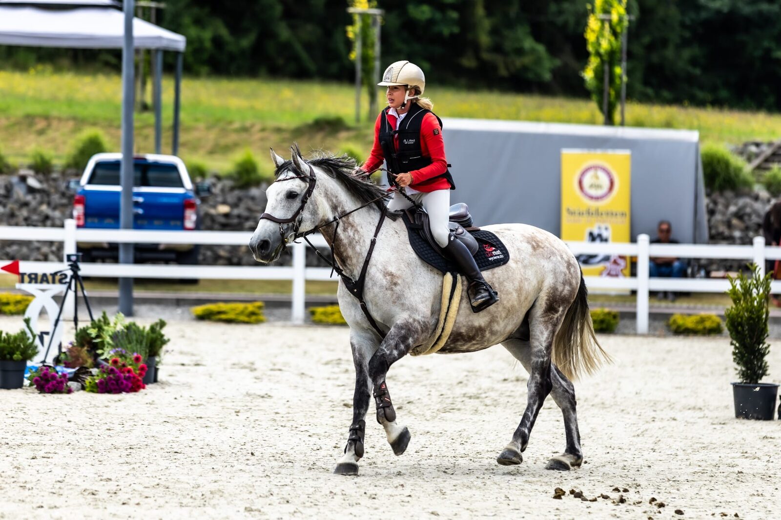 Zawody jazdy konnej w RC Riding Center Sosnowice – koń Kasparon w barwach marki Olomat