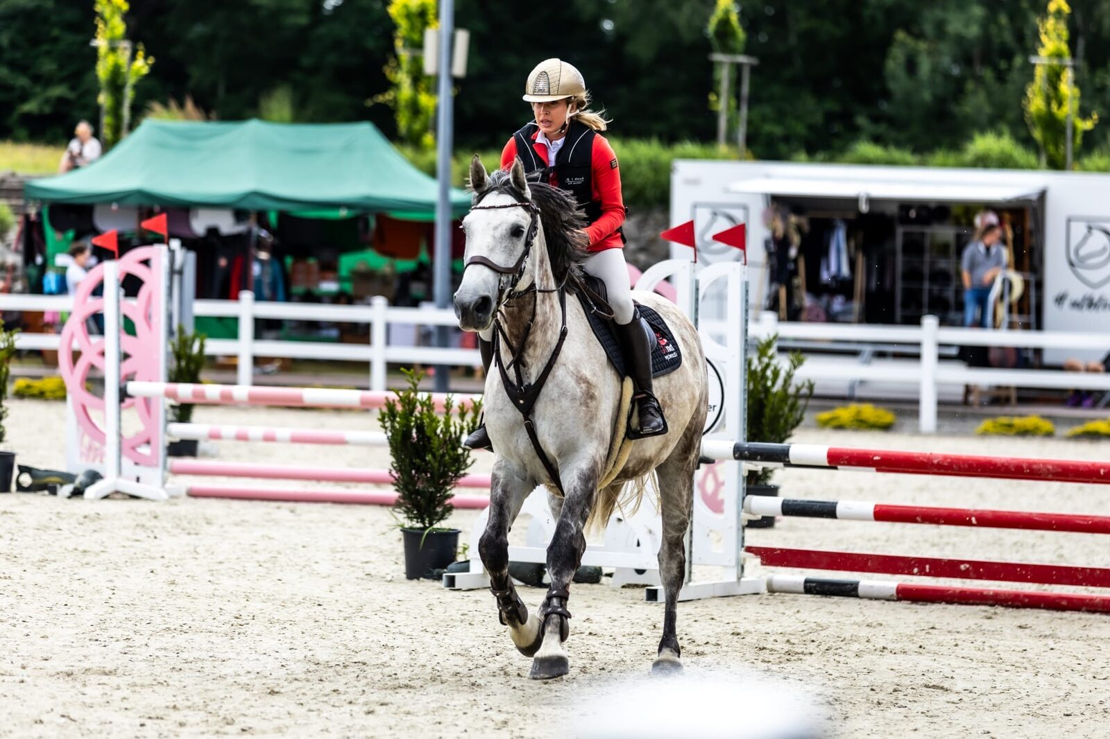 Zawody jazdy konnej w RC Riding Center Sosnowice – koń Kasparon w barwach marki Olomat