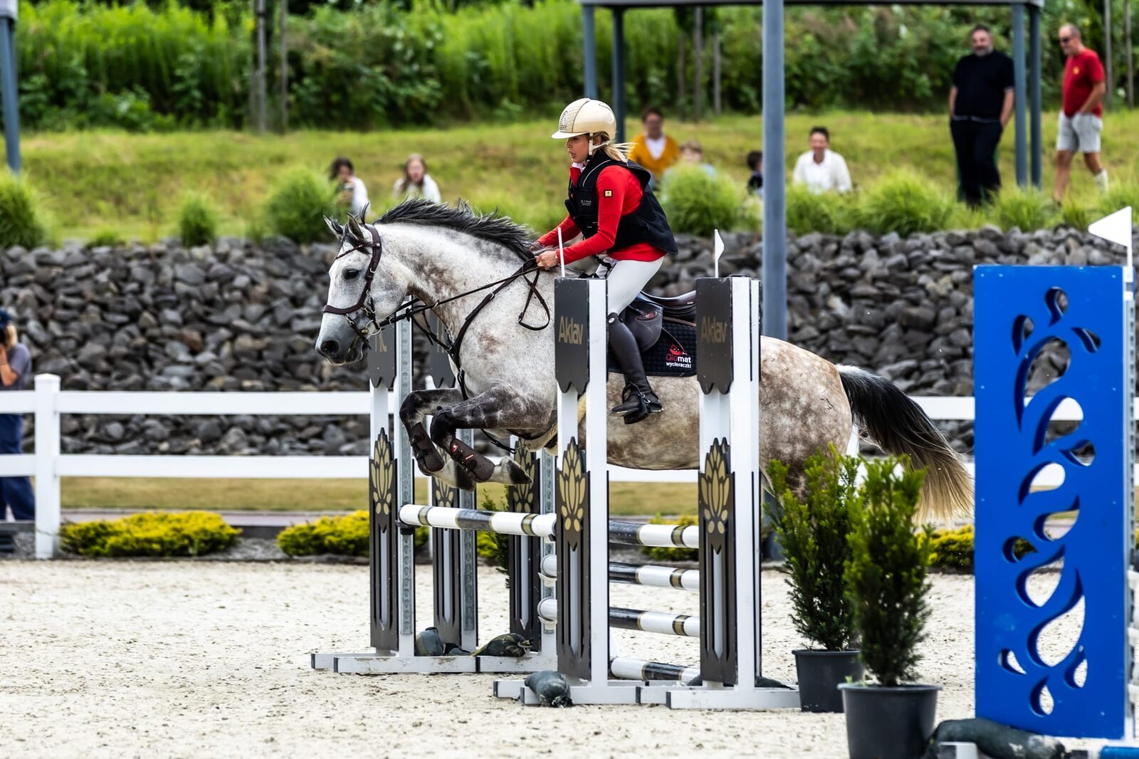 Zawody jazdy konnej w RC Riding Center Sosnowice – koń Kasparon w barwach marki Olomat