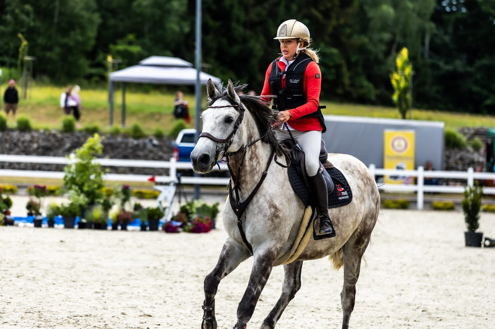Zawody jazdy konnej w RC Riding Center Sosnowice – koń Kasparon w barwach marki Olomat